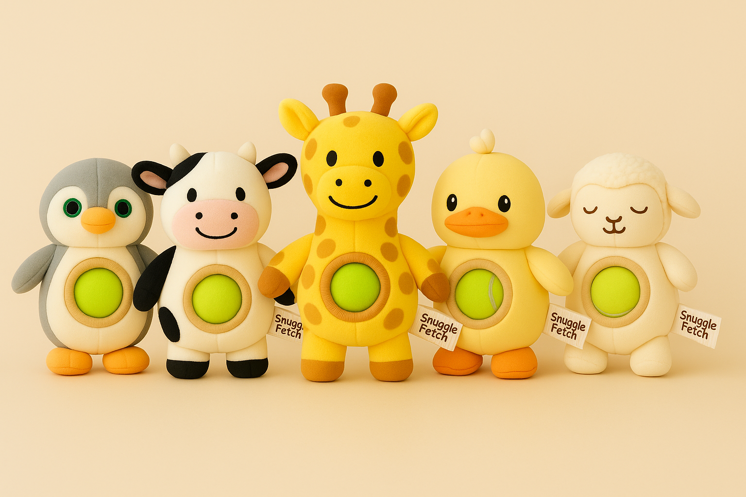 SnuggleFetch plush dog toys in a row with tennis balls inside.