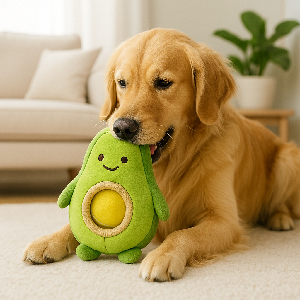 Golden retriever playing with an avocado SnuggleFetch toy.